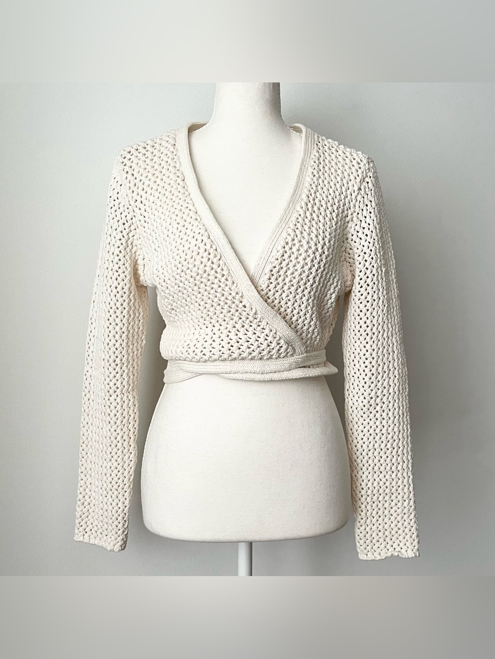 Naf Naf Paris Women's Open Knit Crochet Cropped Wrap Sweater Size L Ivory Boho